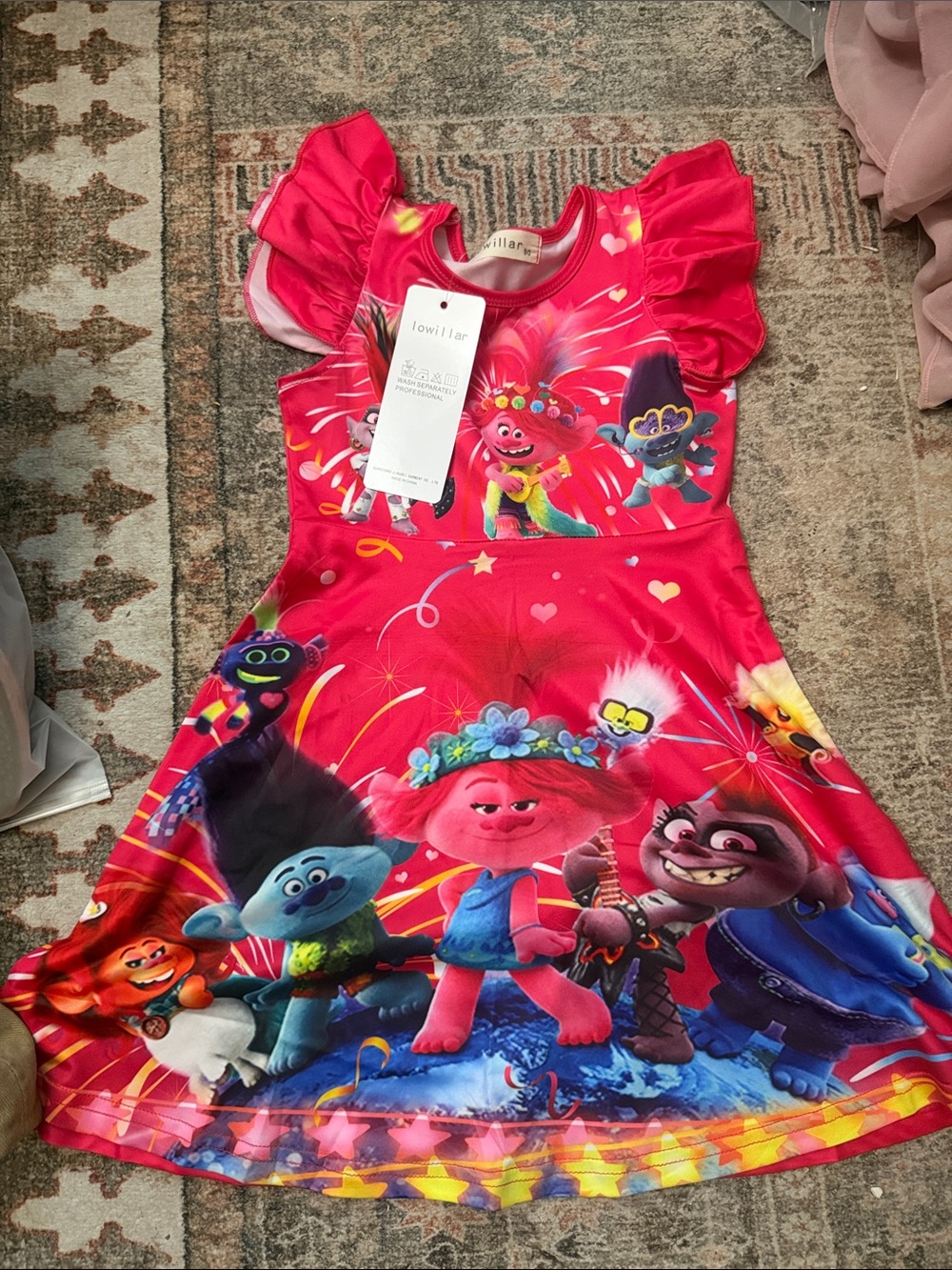 Bright Pink Trolls Printed Flutter Sleeve Dress